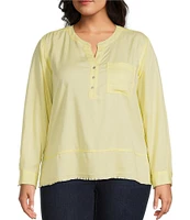 Westbound Plus Size Woven 3/4 Roll-Tab Sleeve Henley Top