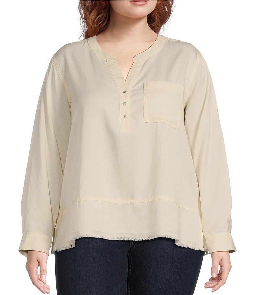 Westbound Plus Size Woven 3/4 Roll-Tab Sleeve Henley Top