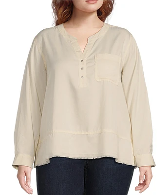 Westbound Plus Size Woven 3/4 Roll-Tab Sleeve Henley Top