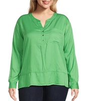 Westbound Plus Size Woven 3/4 Roll-Tab Sleeve Henley Top