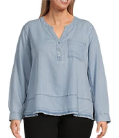 Westbound Plus Size Woven 3/4 Roll-Tab Sleeve Henley Top