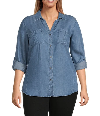 Westbound Plus Size Woven Chambray Long Roll-Tab Sleeve Point Collar Y-Neck Button Front Shirt