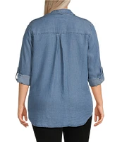 Westbound Plus Size Woven Chambray Long Roll-Tab Sleeve Point Collar Y-Neck Button Front Shirt