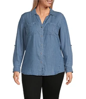 Westbound Plus Size Woven Chambray Long Roll-Tab Sleeve Point Collar Y-Neck Button Front Shirt