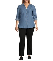 Westbound Plus Size Woven Chambray Long Roll-Tab Sleeve Point Collar Y-Neck Button Front Shirt