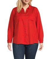 Westbound Plus Size Woven Long Roll-Tab Sleeve Point Collar Y-Neck Button Front Shirt