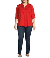 Westbound Plus Size Woven Long Roll-Tab Sleeve Point Collar Y-Neck Button Front Shirt