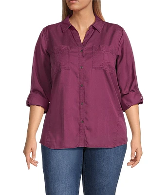 Westbound Plus Size Woven Long Roll-Tab Sleeve Point Collar Y-Neck Button Front Shirt