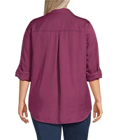 Westbound Plus Size Woven Long Roll-Tab Sleeve Point Collar Y-Neck Button Front Shirt