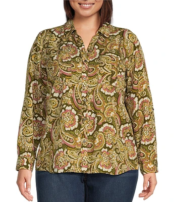 Westbound Plus Size Woven Long Roll-Tab Sleeve Point Collar Y-Neck Paisley Button Front Shirt