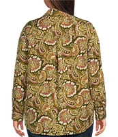 Westbound Plus Size Woven Long Roll-Tab Sleeve Point Collar Y-Neck Paisley Button Front Shirt