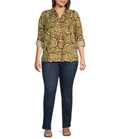 Westbound Plus Size Woven Long Roll-Tab Sleeve Point Collar Y-Neck Paisley Button Front Shirt