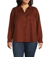 Westbound Plus Size Woven Long Roll-Tab Sleeve Point Collar Y-Neck Button Front Shirt