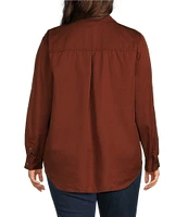 Westbound Plus Size Woven Long Roll-Tab Sleeve Point Collar Y-Neck Button Front Shirt