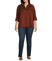 Westbound Plus Size Woven Long Roll-Tab Sleeve Point Collar Y-Neck Button Front Shirt