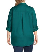 Westbound Plus Size Woven Long Roll-Tab Sleeve Point Collar Y-Neck Button Front Shirt