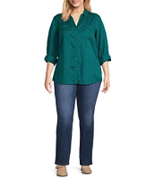 Westbound Plus Size Woven Long Roll-Tab Sleeve Point Collar Y-Neck Button Front Shirt