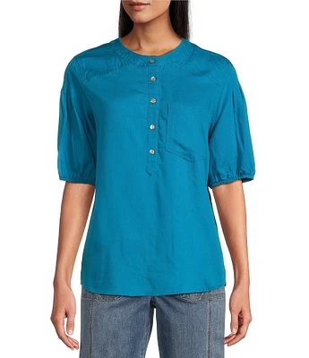 Westbound Pocket Front 3/4 Puff Sleeve Henley Top