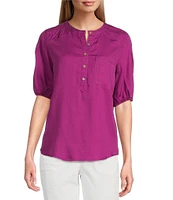 Westbound Pocket Front 3/4 Puff Sleeve Henley Top