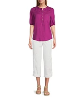 Westbound Pocket Front 3/4 Puff Sleeve Henley Top