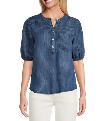 Westbound Pocket Front Short Puff Sleeve Henley Top