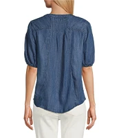 Westbound Pocket Front Short Puff Sleeve Henley Top