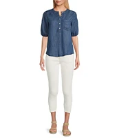 Westbound Pocket Front Short Puff Sleeve Henley Top