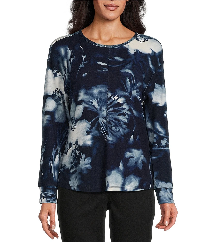 Westbound Pressed Dandelion Print Round Neck Long Sleeve Knit Tee Shirt