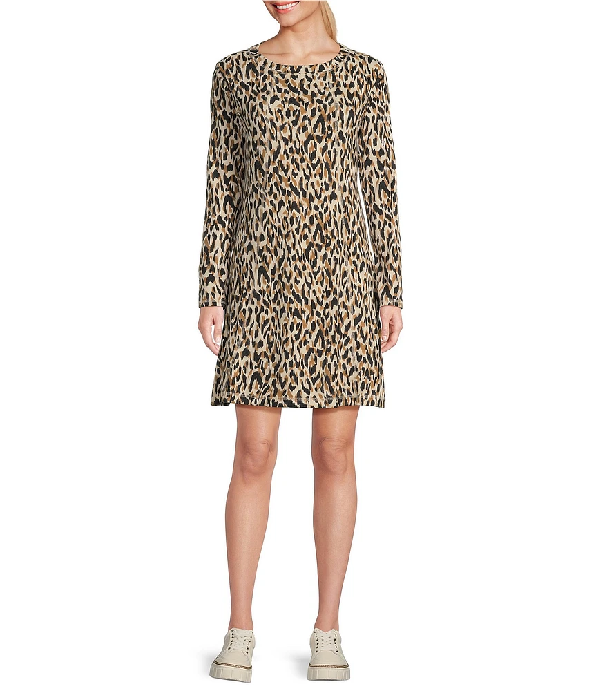 Westbound Printed Long Sleeve Crew Neck Ribbed Leopard Print Dress