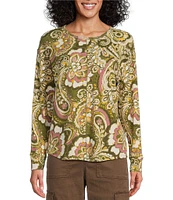 Westbound Round Neck Long Sleeve Paisley Knit Tee Shirt