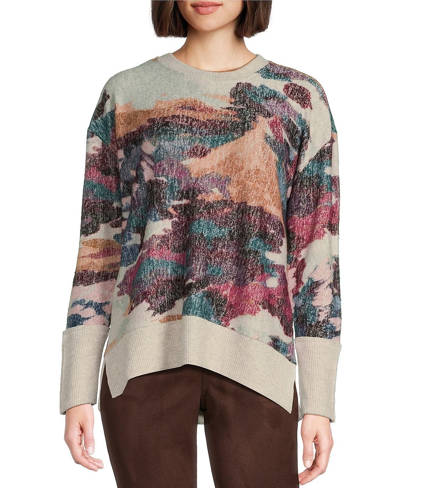 Westbound Scenic Print Long Sleeve Crew Neck Button Cuff Top