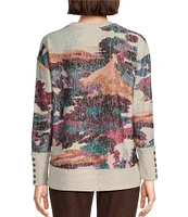 Westbound Scenic Print Long Sleeve Crew Neck Button Cuff Top