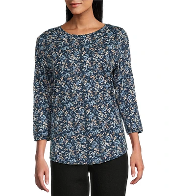 Westbound Shadow Garden Floral 3/4 Sleeve Knit Crew Neck Top