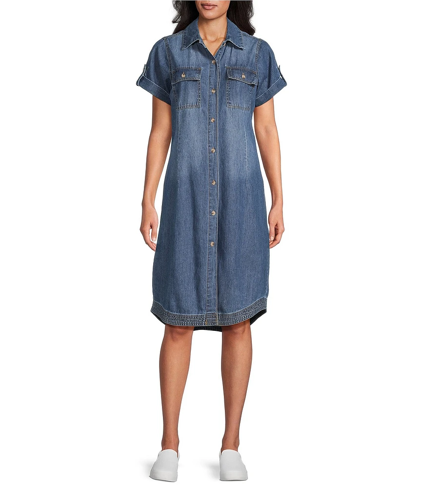 Westbound Short Rolled Sleeve Button Front Point Collar Shirt Dress