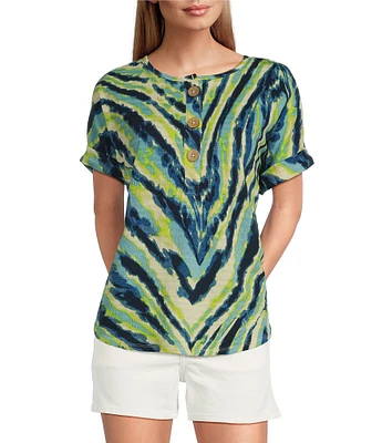Westbound Abstract Printed Short Sleeve Henley Neckline Knit Top