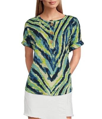 Westbound Abstract Printed Short Sleeve Henley Neckline Knit Top