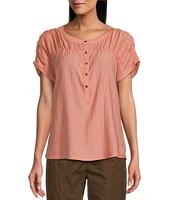 Westbound Short Sleeve Ruched Linen Blend Henley Top