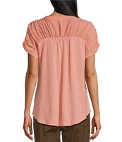 Westbound Short Sleeve Ruched Linen Blend Henley Top