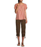 Westbound Short Sleeve Ruched Linen Blend Henley Top