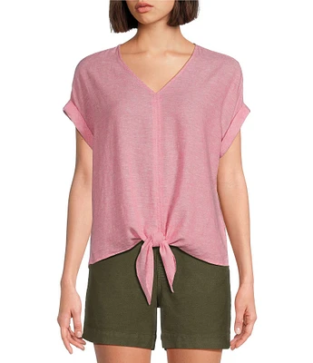 Westbound Short Linen Blend Sleeve V-Neck Tie Front Top