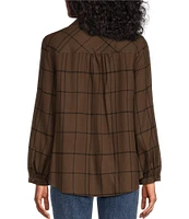 Westbound Simple Plaid Print Long Sleeve Y-Neck Button Front Collared Top