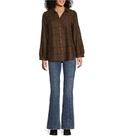 Westbound Simple Plaid Print Long Sleeve Y-Neck Button Front Collared Top