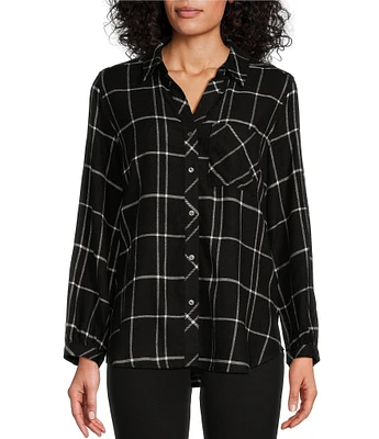 Westbound Simple Plaid Print Long Sleeve Y-Neck Button Front Collared Top