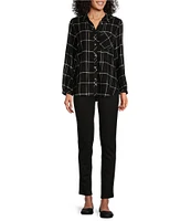 Westbound Simple Plaid Print Long Sleeve Y-Neck Button Front Collared Top