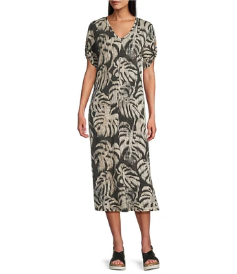 Westbound Sketched Palms Short Sleeve V-Neck Dress