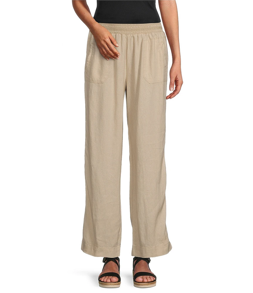 Westbound Smocked Waist Mid Rise Wide Leg Linen Pants