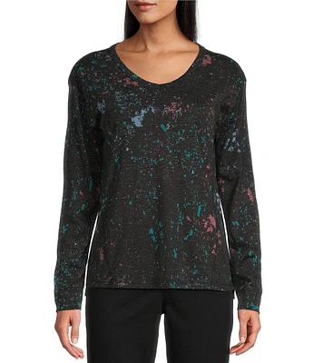 Westbound Splatter Print Knit Long Sleeve V-Neck Top