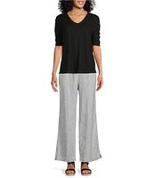 Westbound Stripe Print Smocked Waist Mid Rise Wide Leg Linen Pants