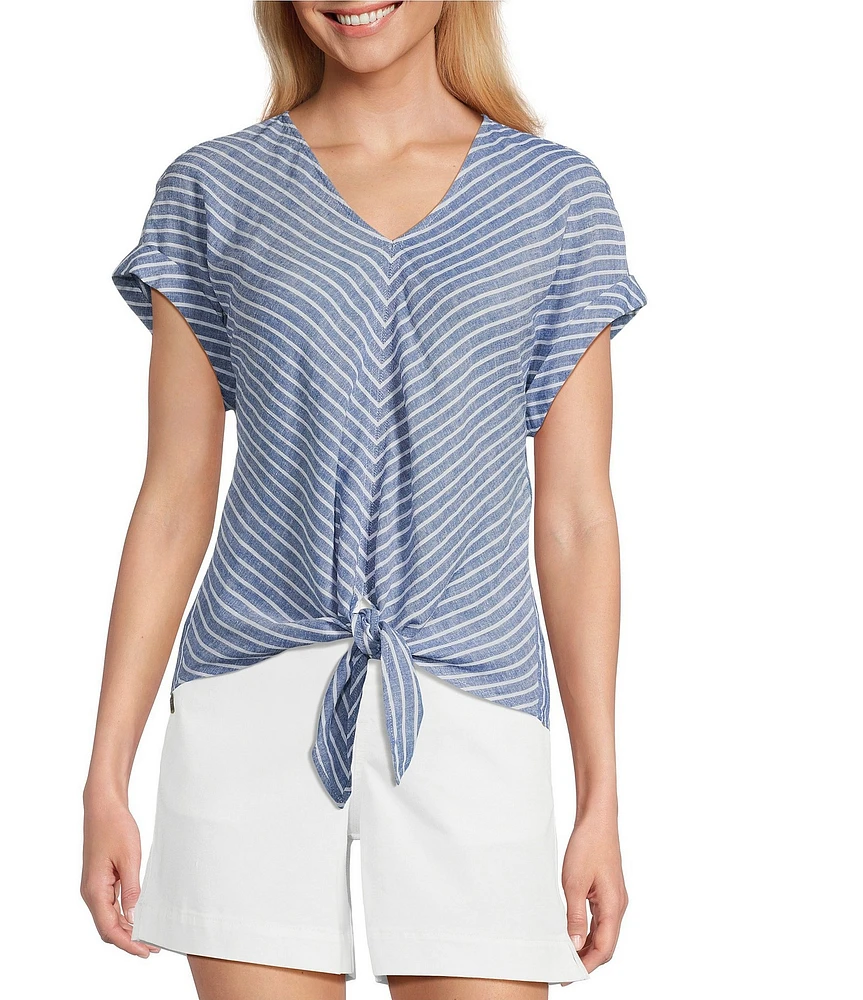 Westbound Stripe Short Sleeve V-Neck Tie Front Top