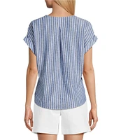 Westbound Stripe Short Sleeve V-Neck Tie Front Top
